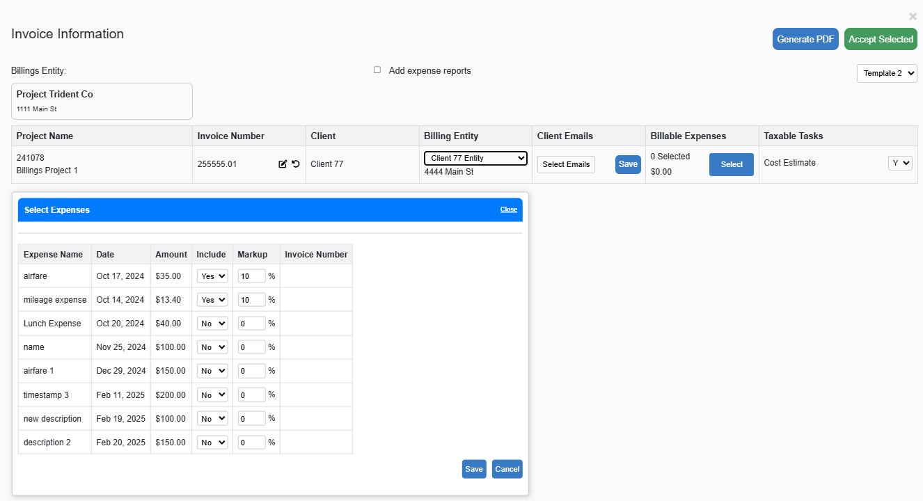 Invoice creation screen