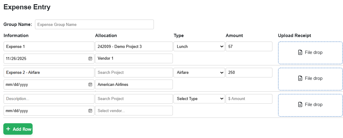 Expense entry screen